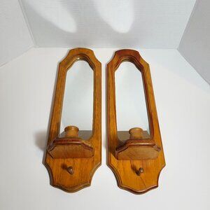 Two Vintage Oak Wooden Mirror Candle Holder Sconces with Coat Hanger Pegs